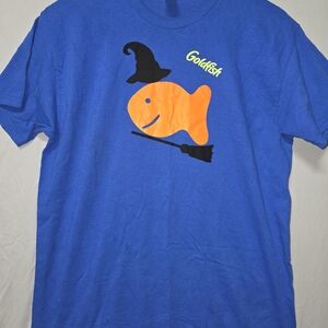 Gildan Blue Shirt with Orange Fish and Witch Hat